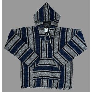 Pilotzi Mexican Baja Hoodie Poncho Sweater Size L Black Blue Striped Boho Skater